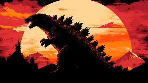 Colossal reptile silhouette dominates burning sunset sky.