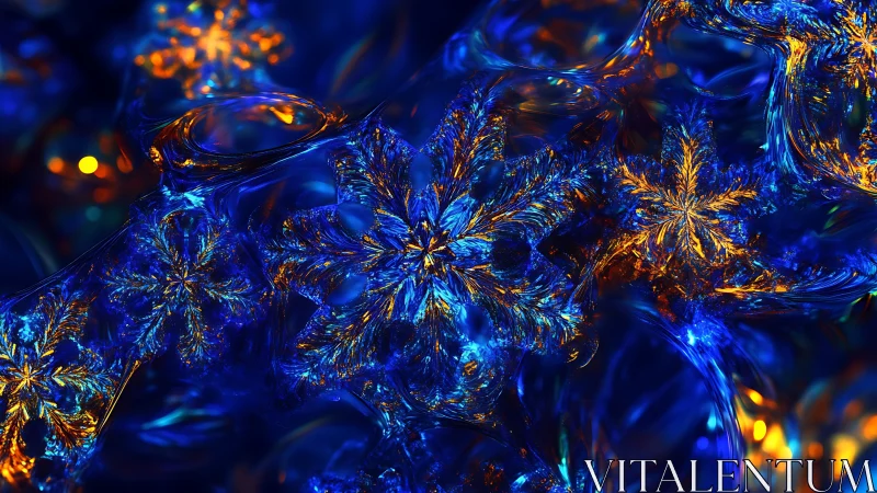 Luminous fractal snowflakes in electric blue and gold field.