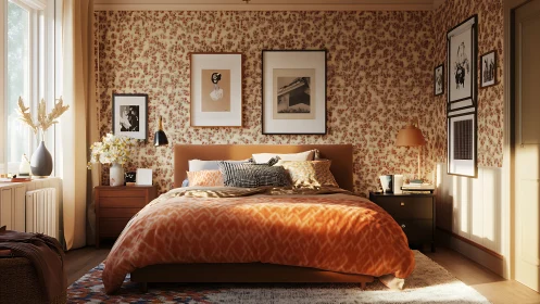 Photorealistic warm bedroom with patterned textiles and art wall.