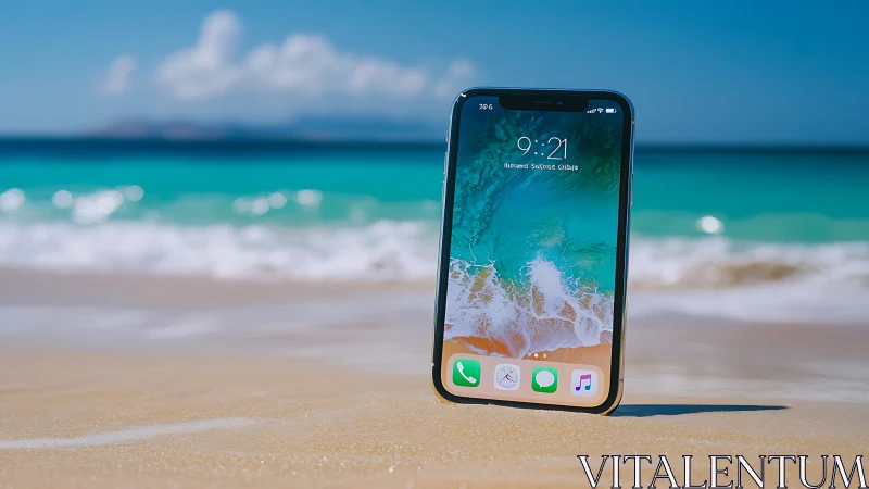Smartphone positioned on beach sand with ocean background.