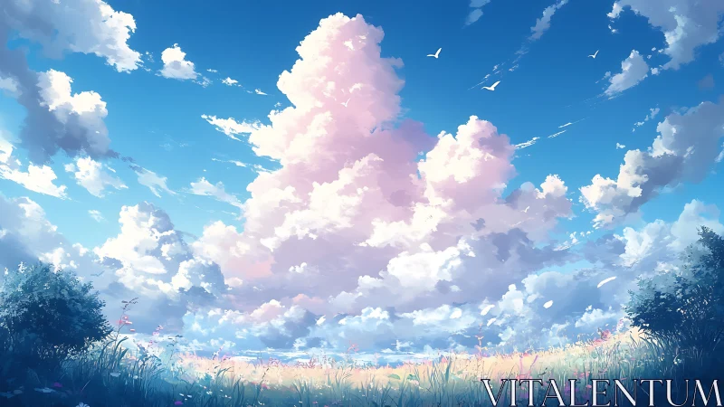 Soft summer clouds drifting above a sunlit wildflower field.