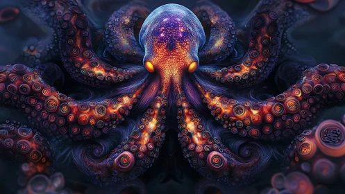 Bioluminescent octopus expands swirling neon fractal tentacles