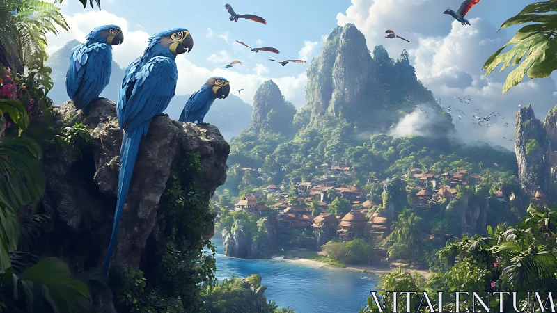 Blue macaws survey coastal village amid lush karst mountains