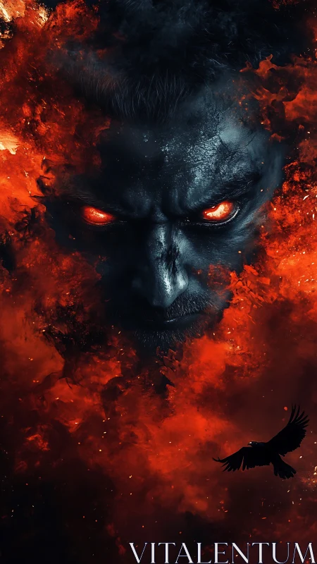 Infernal portrait with molten ember clouds and raven silhouette.