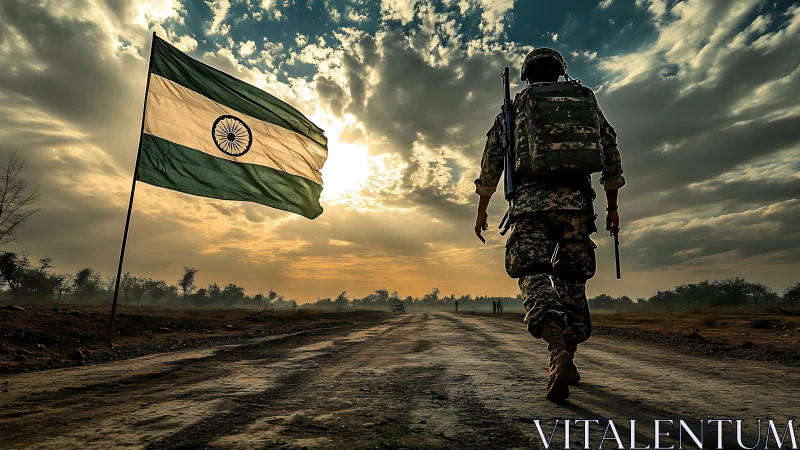 Indian soldier strides toward sunrise beside proud flag