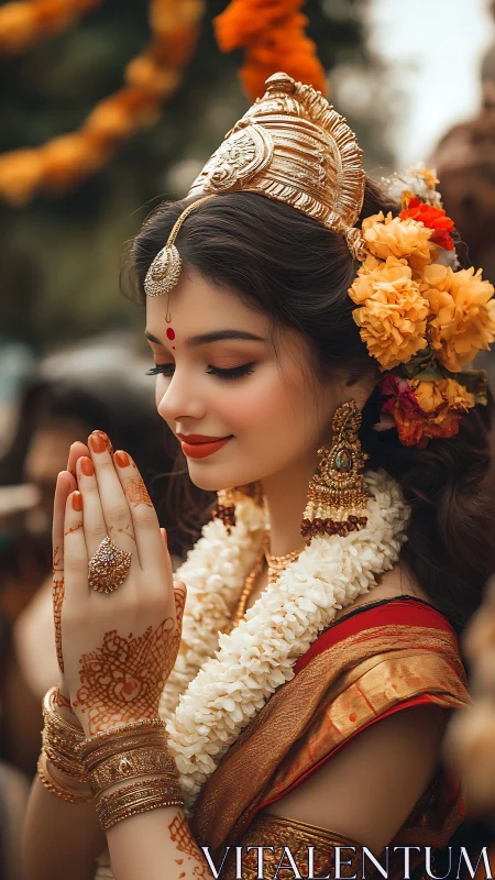 Bridal portrait in golden saree with garlands and henna.