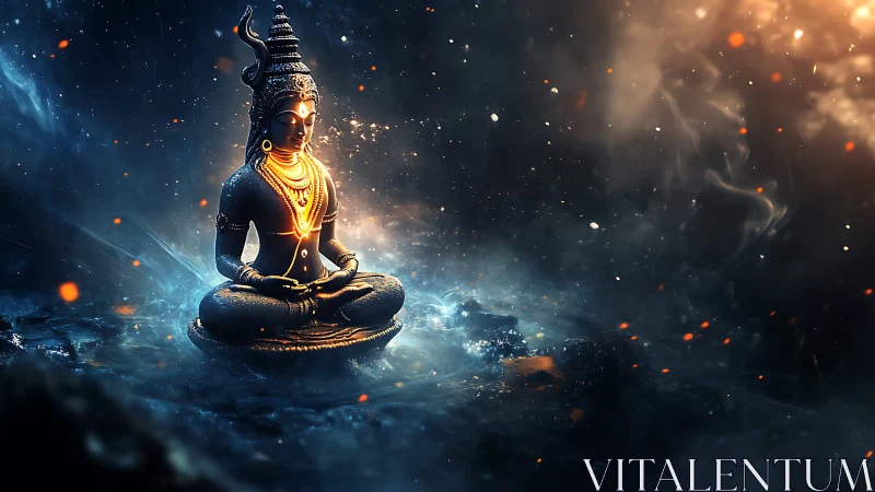 Luminescent meditative deity in turbulent cosmic fluid field.