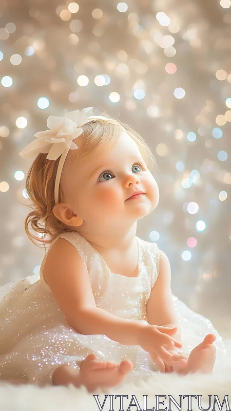 Child in Sparkle Dress with Bow Against Bokeh Background.