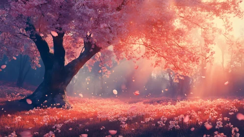 Pink blossom tree in glowing misty forest at sunrise.