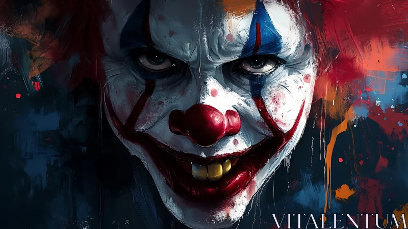 Sinister close-up portrait of a grimacing clown face.