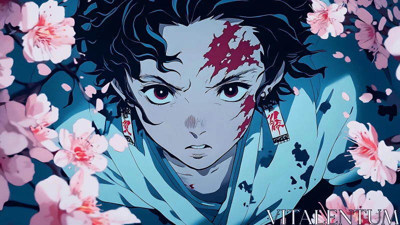 Battle-scarred anime swordsman framed by dynamic sakura bloom