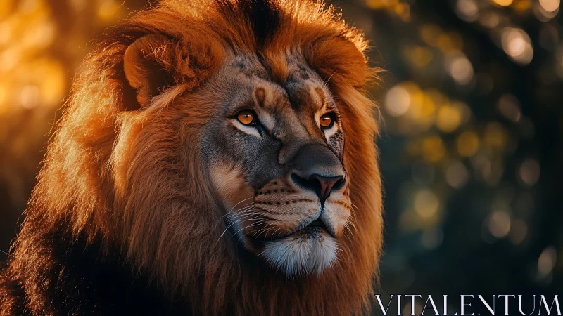 Majestic lion portrait under warm sunset bokeh light.