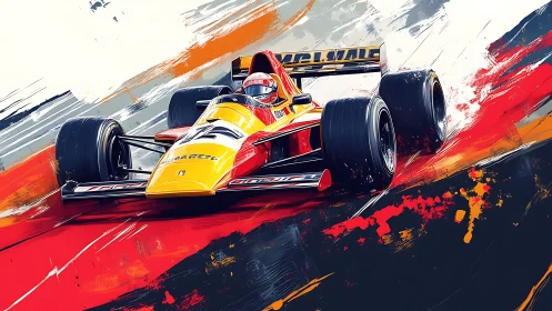 Yellow red Formula race car artwork in dynamic motion.
