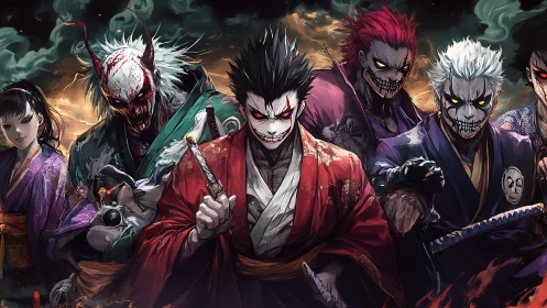 Demonic samurai gang in ornate kimonos with spectral smoke