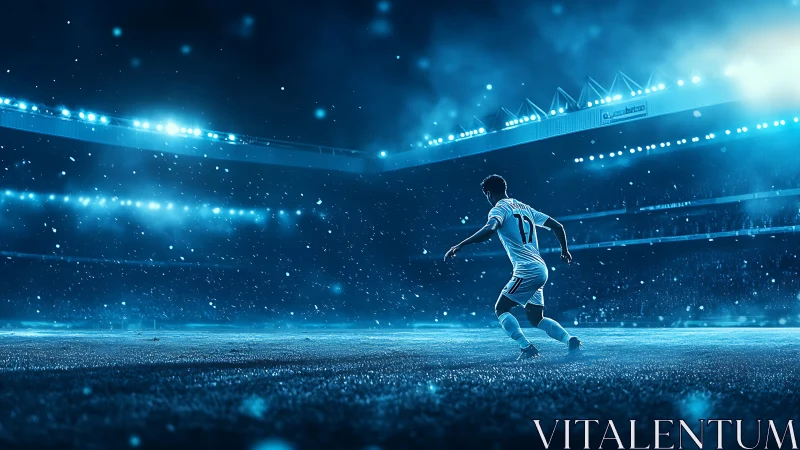 Icy stadium floodlights crown a lone striker in blue haze