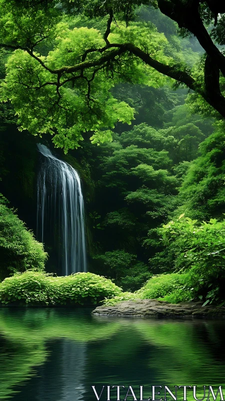 Vertical composition shows dense rainforest waterfall and reflective pool