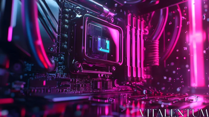 Futuristic computer motherboard close-up with neon lighting.