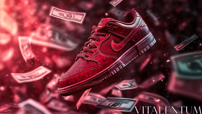 Red sneaker floats through neon cash storm, glossy details.