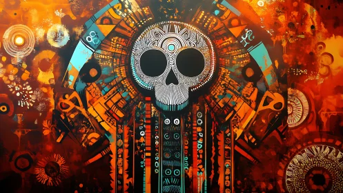 Radiant tribal skull totem amid fiery geometric cosmos.