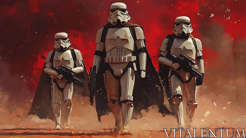 Armored sci fi troopers march through burning red battlefield