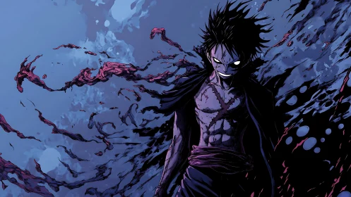 Energetic dark warrior amid turbulent ink-wave turbulence.