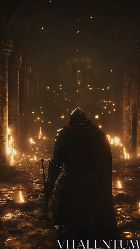 Armored knight advances through volumetric lit subterranean corridor