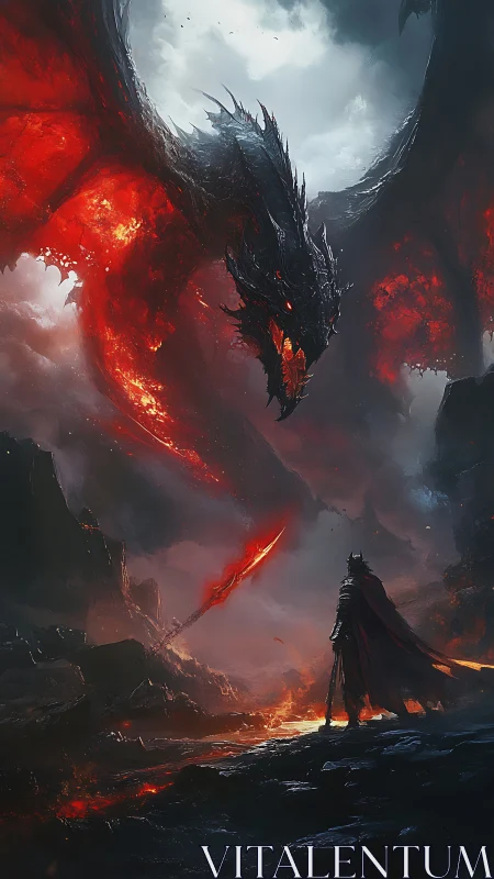 Lava-winged dragon confronts lone warrior in burning ravine.