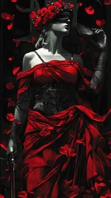 Blindfolded rose queen with crimson justice and secrets.