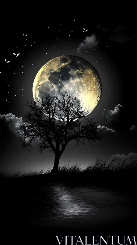 Moonlit tree silhouette over reflective midnight water.