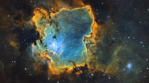 Nebular ember doorway framing a turquoise stellar cradle.