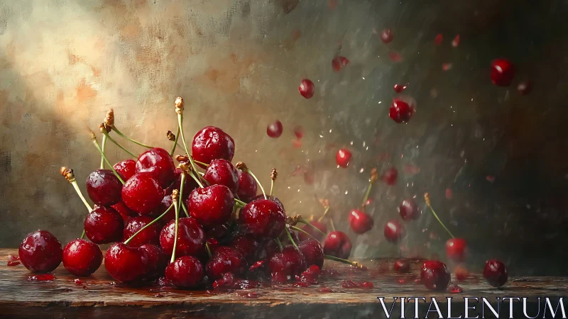 Bursting red cherries dance in a lively splash of freshness