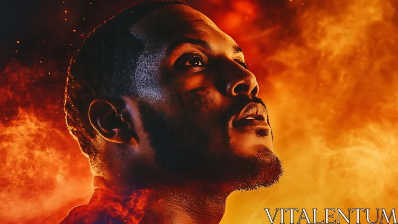 Incandescent portrait amid volumetric fire simulation glow.