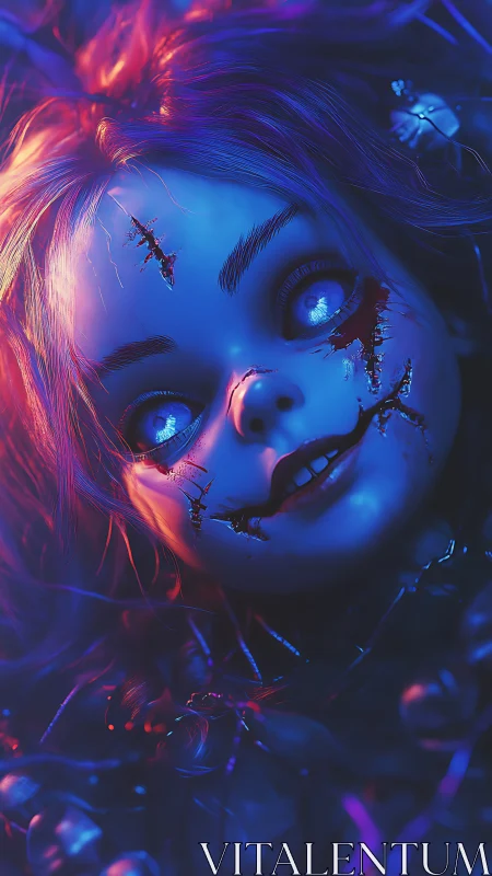 Neon-lit cracked doll face under eerie blue glow.