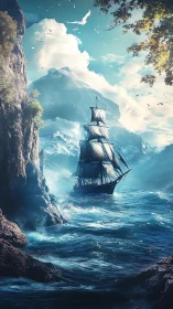 Storm-tossed tall ship navigates cinematic cliff passage
