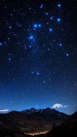 Glowing constellation crowns a tranquil mountain valley night