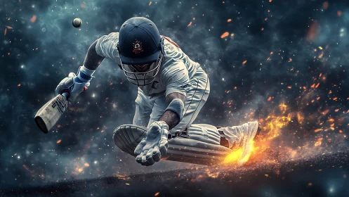 Cricket hero dives through sparks in a fiery, gripping play.