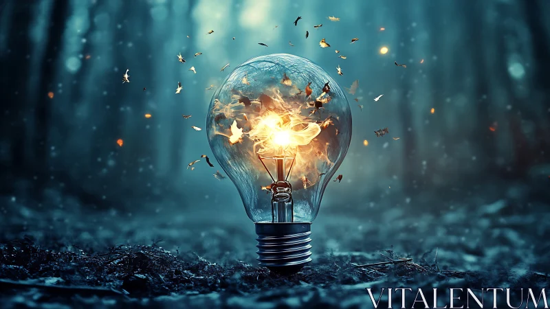 Glass bulb containing central flame stands in dim forest