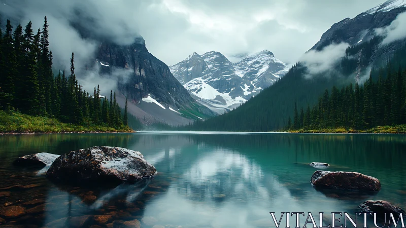 Mountain lake reflects snowy peaks and dense evergreen forest