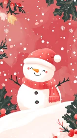 Cheerful snowman illustration with snowy holly branches and berries