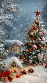 Snowy Christmas tree glow beside cozy gift cottage.
