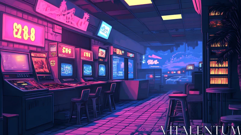 Neon arcade glows against a futuristic city twilight street.