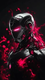 Armored humanoid robot glows with intense red plasma energy
