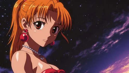 Cel-shaded redhead under violet starry night sky.