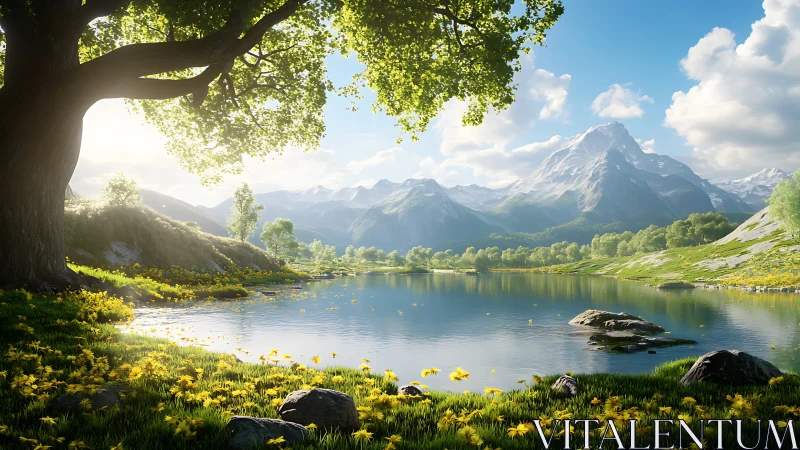 High dynamic range alpine lake under spring backlit oak canopy
