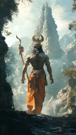 Horned warrior ascends rocky path toward towering peak.
