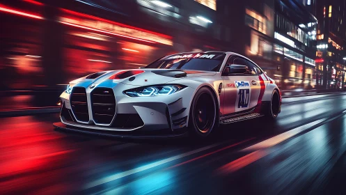 Night-lit GT race car in high-speed urban motion blur study.