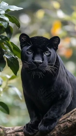 Black Panther Portrait with Piercing Gaze in Natural Setting.