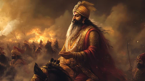 Armored cavalry commander leading charge through incendiary haze.