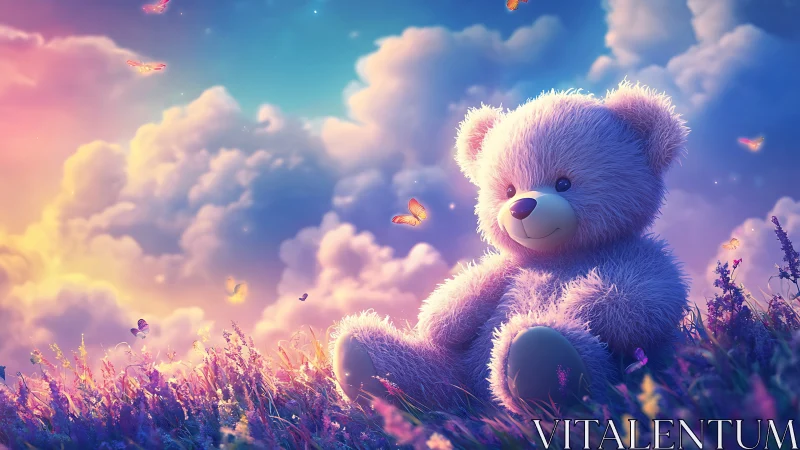 Teddy bear sits in glowing flower field under pastel clouds