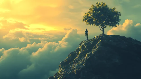 Quiet sunrise lookout above the clouds and lone tree.